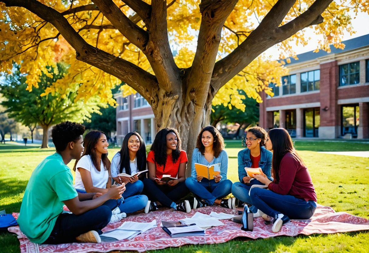 A diverse group of college students engaging in a friendly discussion under a sunny campus tree, surrounded by educational resources like pamphlets and laptops on sexual health and relationships. The scene should convey a sense of empowerment, support, and openness, with vibrant colors and a positive atmosphere. Include elements like books, coffee cups, and a supportive message on a chalkboard in the background. vibrant colors. super-realistic. outdoor setting.