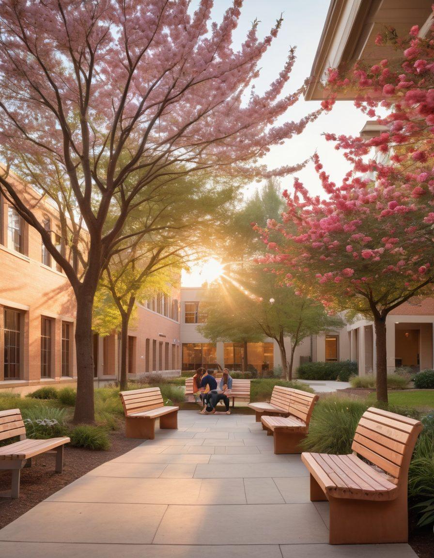 A serene campus courtyard during sunset, featuring diverse students engaging in heartfelt conversations, sharing laughs, and forming connections. Add elements like colorful blossoms and cozy benches, symbolizing intimacy and happiness. Emphasize warm lighting and joyful expressions to convey a sense of community and belonging. pastel colors. super-realistic. vibrant ambiance.