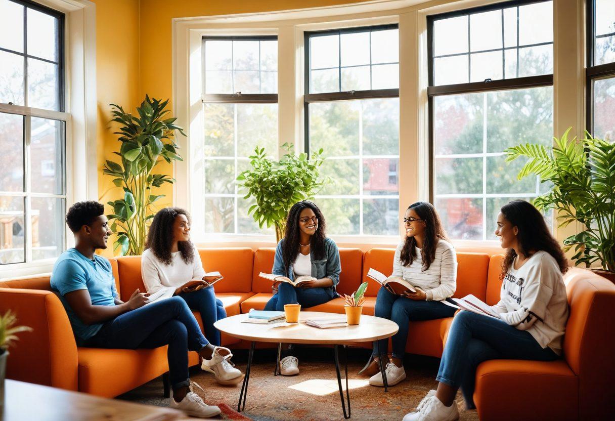 A diverse group of college students, sitting together in a cozy, colorful campus lounge, engaging in an open conversation about sexual wellness and happiness, with books, plants, and comfortable furniture in the background. The scene radiates warmth and inclusivity, symbolizing support and understanding. Bright sunlight filters through the windows, adding a cheerful atmosphere. capture the essence of college life. vibrant colors. warm lighting.